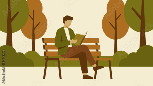 Man Reading a Book on a Park Bench in Quiet Leisure.