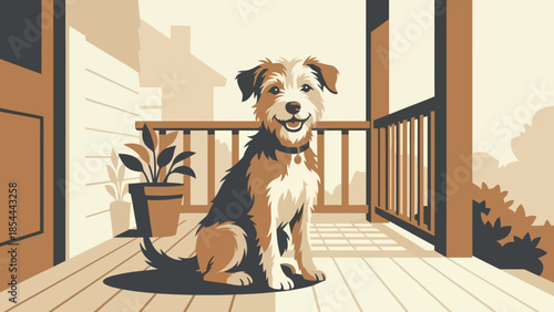 Sunny friendly small dog posed on wooden porch deck.