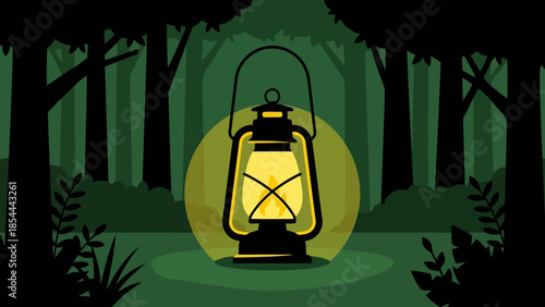Lantern in a dark forest at night glowing softly.