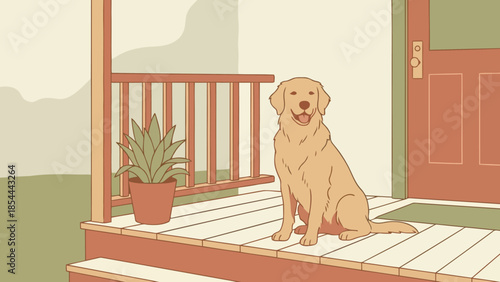 Golden Retriever Sitting on Front Porch.