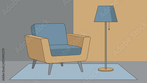 Modern armchair and floor lamp in interior setting.