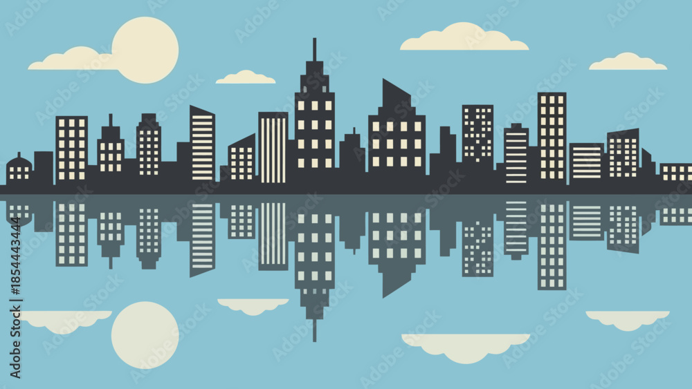 Obraz premium Stylized City Skyline and Reflection Over Water.
