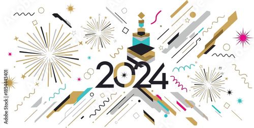 Vibrant 2024 celebration background with colorful fireworks and confetti