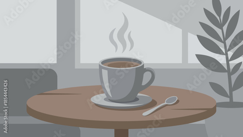 Steaming Coffee Cup On Round Wooden Table.