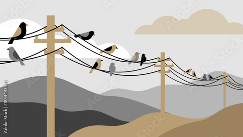 Birds Perched on Power Lines Across Hills.