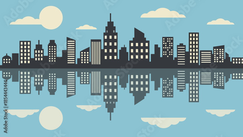 Stylized City Skyline and Reflection Over Water.