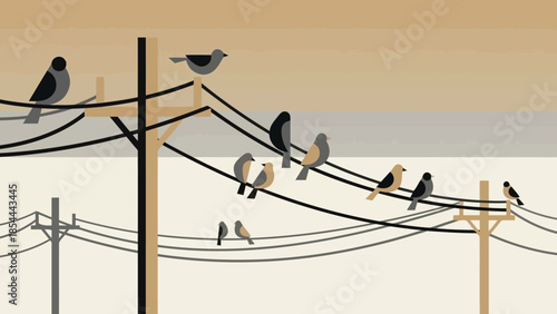 Birds Resting on Power Lines At Dusk.