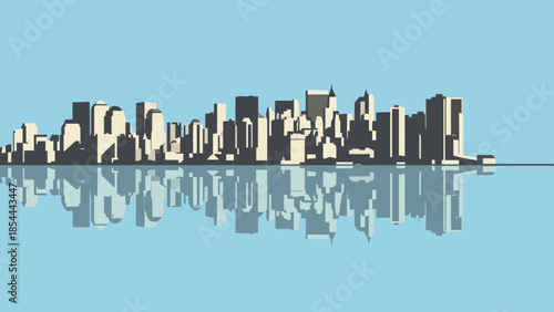 City Skyline Reflection on Calm Water at Dusk.