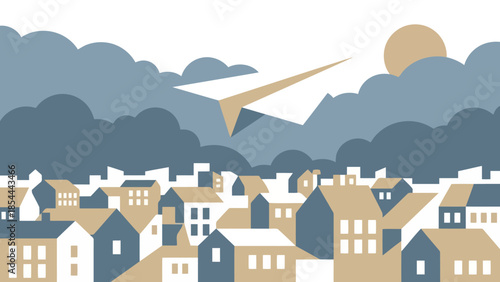 Paper airplane soaring above city rooftops.