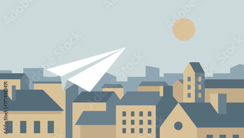 Paper Airplane Soaring Above Quiet City.