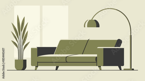 Modern living room sofa with plant and lamp.