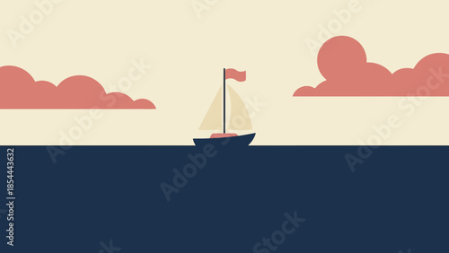 Sailboat on calm sea at sunset.