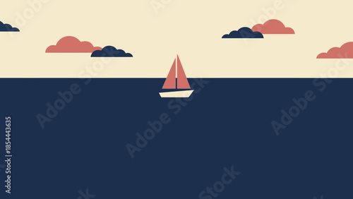 Sailboat on calm sea at horizon scene.