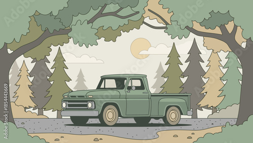Vintage green pickup truck in a forest scene.