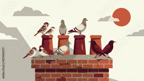 Group of Birds Perched on Brick Chimney.