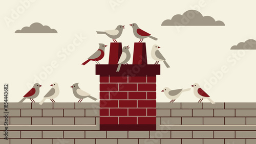Birds Perched On Chimney Top.