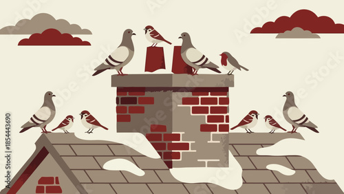 Group of birds perched on a brick chimney.