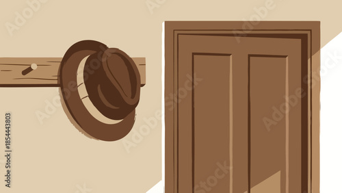 Brown wooden door with shadow and hat on wall.