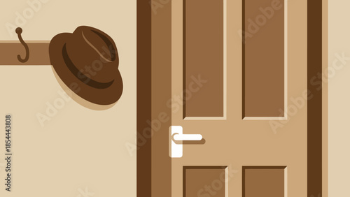 Wooden interior door with raised panels and handle.