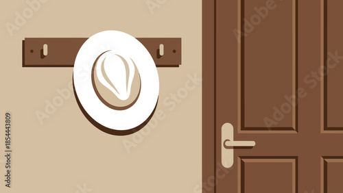 White hat hung on wall hook beside wooden door.