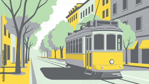 Bright yellow tram moving along rails through a city street.