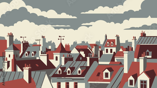 Colorful City Rooftops Create Busy Skyline.