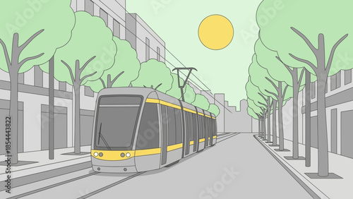 Modern tram moving along urban street.