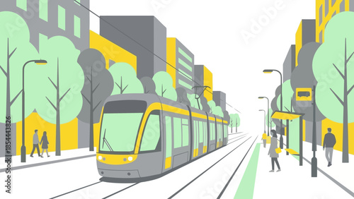 Yellow tram moving through urban street scene.