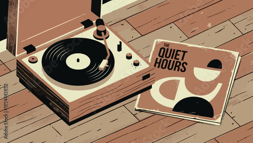 Vintage Turntable with Vinyl Record on Wooden Floor.