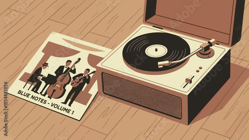 Vintage turntable playing vinyl records as centerpiece of music scene.