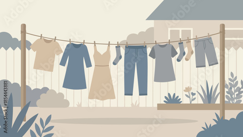 Clothes Hanging on a Laundry Line Outdoors.