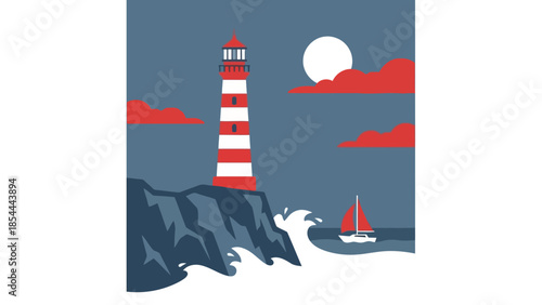 Lighthouse on rugged coastline under evening sky.