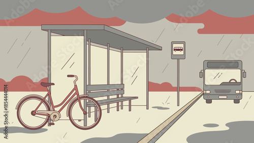 Vintage bicycle parked at bus stop shelter.