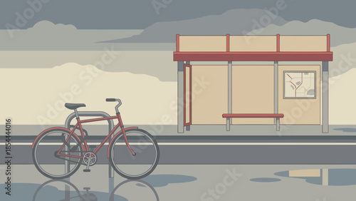 Classic Bicycle Standing Beside Roadside Bus Shelter.