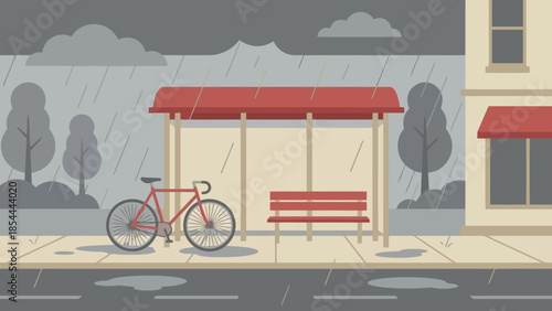 Red bicycle resting at a bus stop.