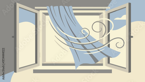 Open Window with Flowing Curtains in Breeze.