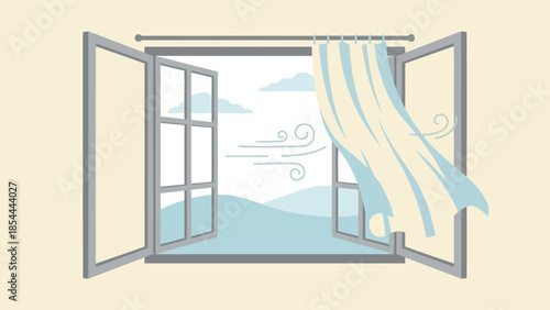 Open Window With Flowing Curtains And View.