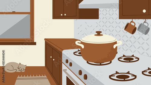 Large cooking pot on stove in kitchen.