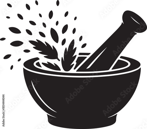 Clean silhouette of a mortar and pestle crushing herbs vector art illustration