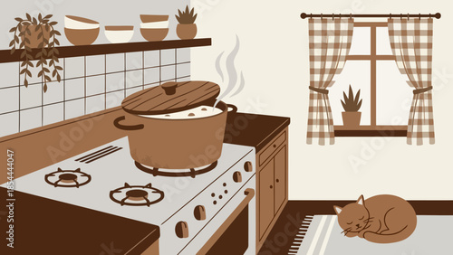 Domestic cat resting in cozy kitchen scene.