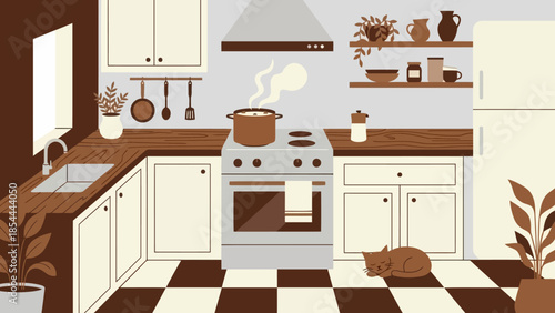 Cozy vintage kitchen with stove and checkered floor.