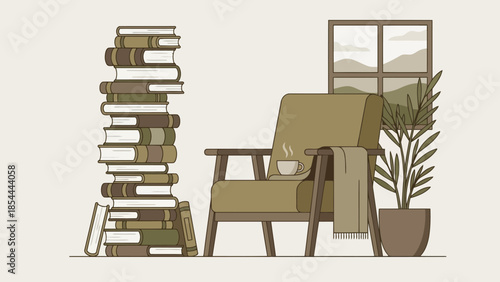 Cozy reading corner with tall stack of books.