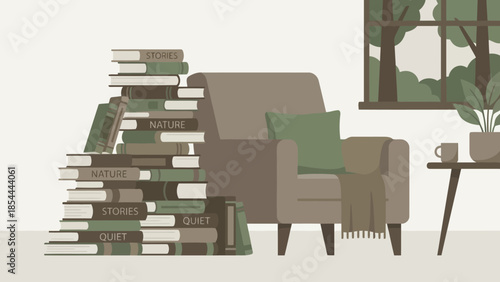 Stacks of books beside a comfortable reading chair in a quiet room.