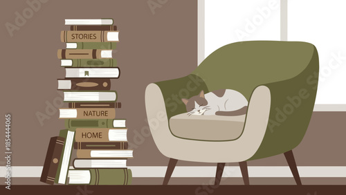 Calm Cat Resting on Green Armchair.