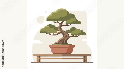 Elegant Bonsai Tree in Pot Displayed on Bench.