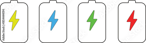 set of battery charging icons with colorful lightning bolt symbols inside white outlines
