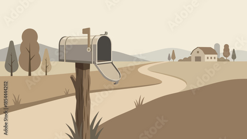 Rustic mailbox on weathered post beside quiet country road.