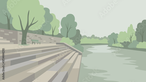 Quiet Riverside Boardwalk Steps Beside Calm Water.