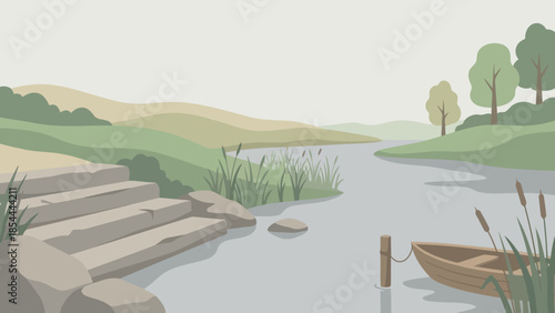 Calm wooden boat resting on a tranquil river.