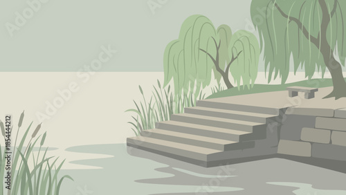 Stone Staircase By Water In Quiet Landscape.